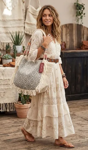 MERONA cloth tote ivory with beads handles India. Exclusive decoration thumbnail 1