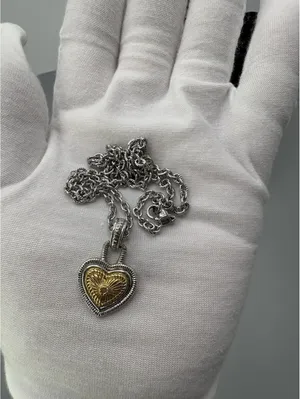 Silver Tone Round Link Chain Necklace Gold Tone Heart Charm Pendant Love thumbnail 7