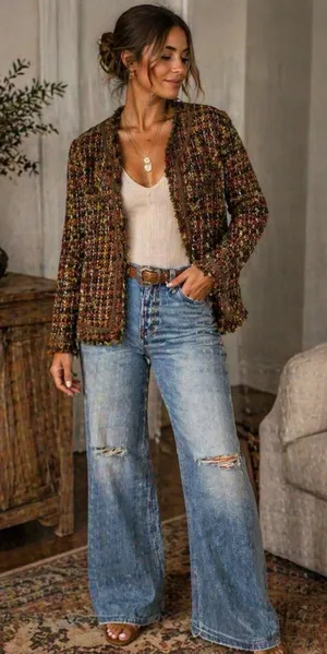 True Meaning fringe tweed jacket Green Size M thumbnail 1