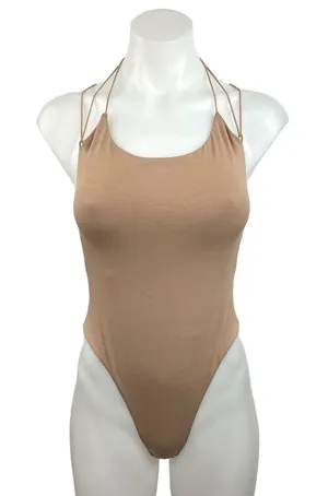Tiger Mist Tan Brown Crew Neck Crisscross Back Strap One Piece Bodysuit Size XS thumbnail 1