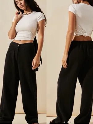 FREE PEOPLE Like A Cloud Waffle Cotton Knit Black High Waist Pants Trousers thumbnail 2
