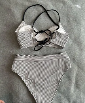 NWT Cupshe white black striped bikini size S thumbnail 3