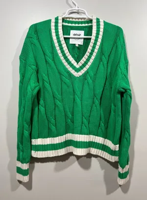 Aerie Green Cable-Knit V-Neck Sweater with Ivory Trim Size Small thumbnail 1