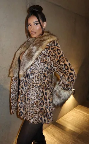 Leopard Faux Fur Trim Coat - Brown Animal Print Jacket thumbnail 1