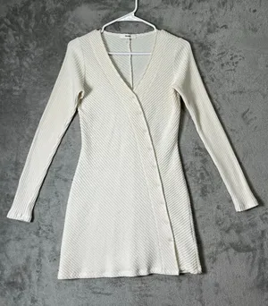 Joah Brown Ivory Ribbed Long Sleeve Mini Bodycon Dress Minimalist Clean Girl M/L thumbnail 1