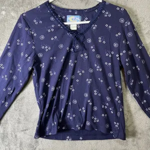 Vintage Navy Floral Peasant Blouse Tie Neck Long Sleeve Large‎ Blue Dainty Y2K thumbnail 2
