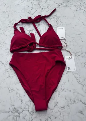 NWT Quince Cherry Red Italian Full Coverage Triangle Bikini Top High Leg Bottom thumbnail 1