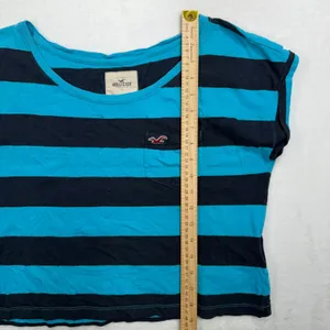 Y2K Hollister L Crop Top Striped Pocket Logo Blue Navy Short Sleeve Scoop Neck thumbnail 9
