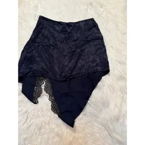 Zara Women's Size XS Satin Mini Skirt with Lace Navy Blue Black Asymmetric Slit thumbnail 7