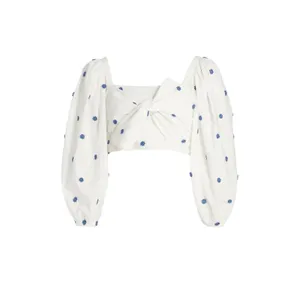 Farm Rio Blue Flowers‎ Crop Top Large White Floral Embroidered Tie Front Beachy thumbnail 16