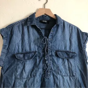 Nine West Jeans Chambray Soft Denim Cap Tie Collar Western Blouse Top Medium thumbnail 3