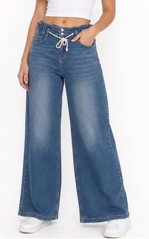 Jeans Womens L Blue Denim Cotton Stretch Mid Rise Drawstring High Waist Wide Leg thumbnail 1