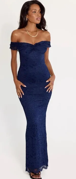 Princess Polly Off The Shoulder Navy Maxi Dress thumbnail 1