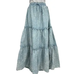 Zenana Maxi Skirt Women LG Blue Acid Wash Tiered Cotton Ruffle Western Boho‎ thumbnail 2