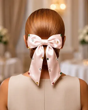 Pink Satin Bow Barrette with Rhinestone Accents thumbnail 1