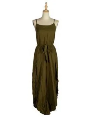 Olive Green High Slit Jumpsuit Spaghetti Strap Belted Wide Leg Boho Women M NWT thumbnail 5