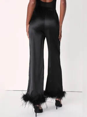 LULU’S Dreamiest Delight Black Satin Feather Two-Piece Pajama Set thumbnail 8