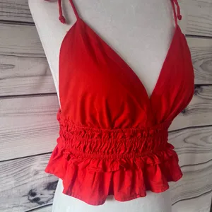 Sim & Sam Red-Orange V Neck Tie Shoulder Crop Top thumbnail 2