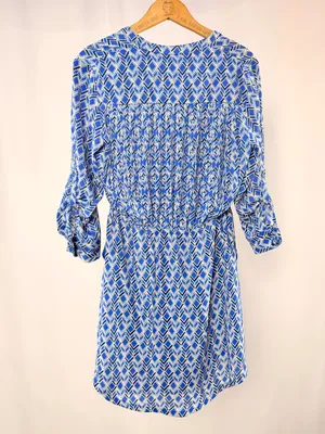Maeve BY Anthropologie 3/4 Sleeve Geometric Print Dress‎ in Blue and White XS thumbnail 4