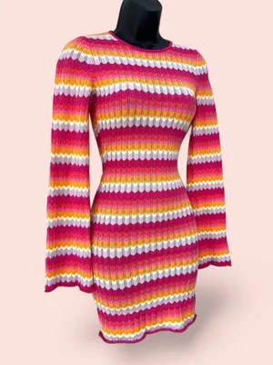 Bershka (ASOS) Crochet Knit Stripe Long-Sleeve Mini Dress - Small thumbnail 4