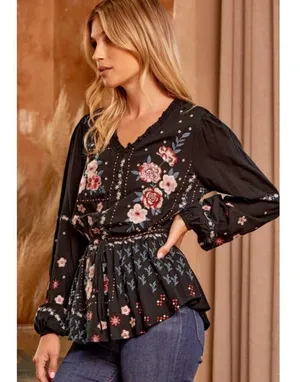 Savanna Jane Floral Embroidered Cinch Waist Top Size Small Black V-Neck thumbnail 1