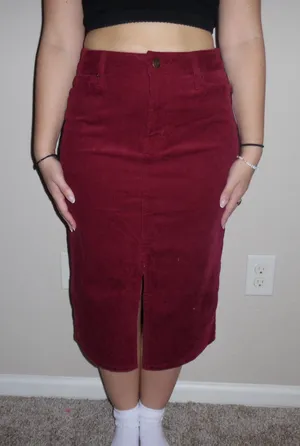 Burgundy Corduroy Midi Skirt thumbnail 1