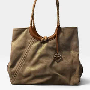 Michael Kors Metallic Canvas Tote Bag Tan Gold Braided Rope Handle Large thumbnail 2