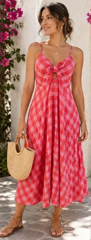 Free People Via Gingham Tie Front Midi Dress Womens Medium Pink Red thumbnail 1