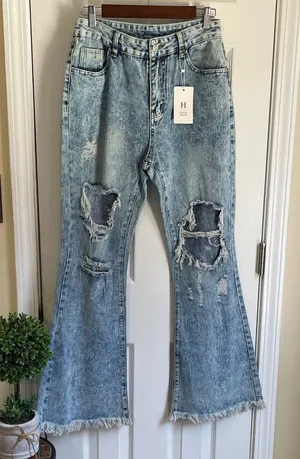 Trendy Light Blue Distressed Boho, Streetwear Flare Jeans thumbnail 1