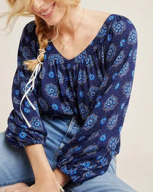 Maeve by Anthropologie size 4 Boswell v-neck blouse 3/4 balloon sleeves dotted thumbnail 1