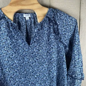 J.Crew Factory Peasant Top Womens Large Blue Floral Ruffle Trim Cotton Blouse thumbnail 2