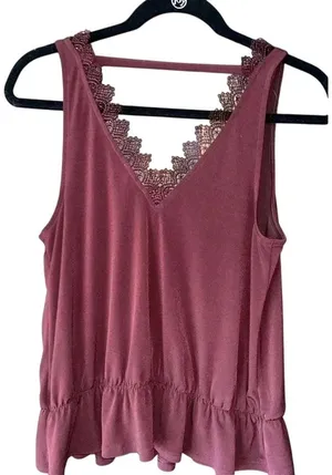 Express Burgundy Lace-Trim Peplum‎ Tank Top Sleeveless V-Neck Blouse thumbnail 1