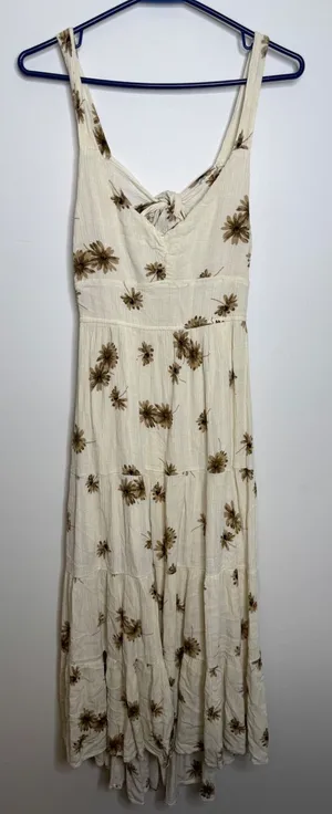 VICI Midi Dress Womens Large Cream Brown Excellent Floral Tie Back Tiered Boho thumbnail 1