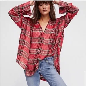 Free People Fearless Love Tunic Top XS Red Plaid Bell Sleeve Boho thumbnail 1