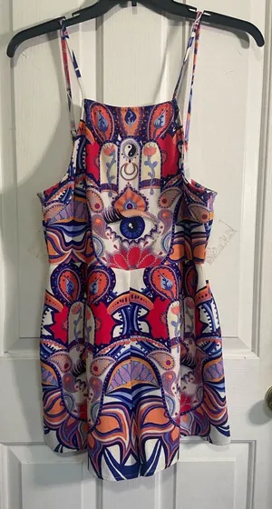 MINKPINK Spaghetti-Strap Mini Romper in Red, Blue & Orange thumbnail 1