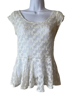 American Eagle Outfitters Women's Lace Peplum Top‎ small Ivory Floral Sheer Blou thumbnail 1