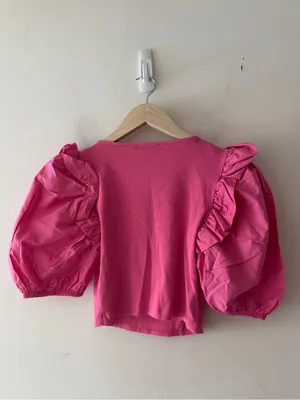 ZARA Hot Pink Puff Sleeve Square Neck Ribbed Crop Top thumbnail 5