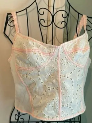 Free People White Eyelet Cropped Cami with Pink Trim thumbnail 9