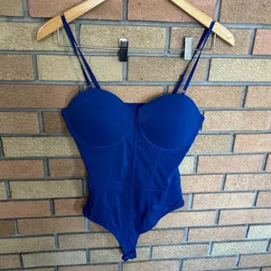 NWOT Reoria Glamorous Illusion Spaghetti Strap Bodysuit Blue Women’s Size Large thumbnail 2