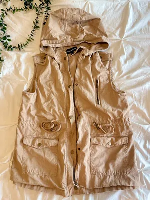 Zenana Outfitters Hooded Utility Vest-Beige/Khaki - Size Large (L) thumbnail 1