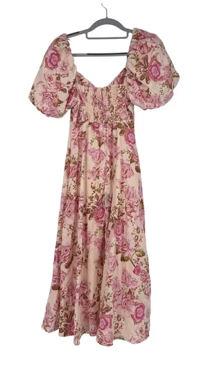 Avec Les Filles‎ Rococo Floral Linen Puff Sleeve Midi Dress Pink Size 2 thumbnail 1