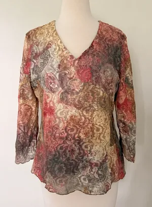 VTG Y2K Abstract Floral Sheer Lace Mesh V-Neck Lettuce Hem Top Made in USA thumbnail 1