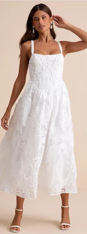 LULU’S Perkins White Textured Lace-Up Corset Midi Dress thumbnail 1