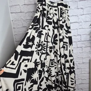Abel The Label Tiered Maxi Dress Small Black White Abstract Boho Anthropologie thumbnail 3