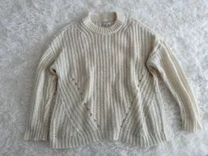 American Eagle Cream Chunky Knit Pointelle Crewneck Sweater Size XS thumbnail 1