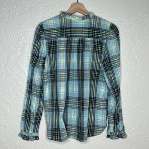 Loft Women's Green Plaid‎ Ruffle Neck Long Sleeve Cotton Shirt Size Medium thumbnail 3