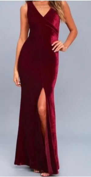 Lulus Crushing It Maxi Dress Size L Burgundy Velvet Slit Gown Old Hollywood NWT thumbnail 1