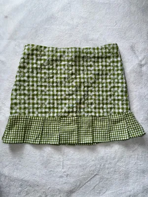 KIRIOUS Green Gingham Eyelet Mini Skirt Ruffle Hem Cottagecore thumbnail 2