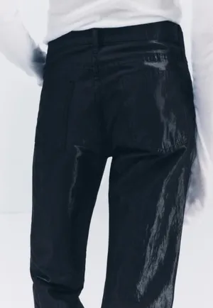 Zara Nwt Satin Effect Shiny Metallic Mid Waist Straight Leg Pants 4 thumbnail 7