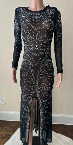 Brand New! Special Occasion Black Crystal Mesh Dress – Size Medium thumbnail 1